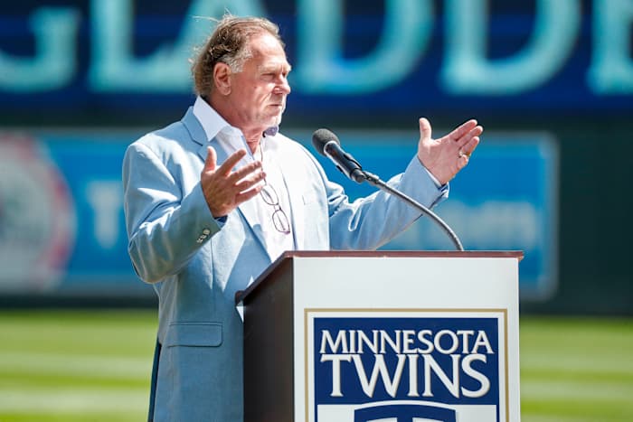 Aug 21, 2022; Minneapolis, Minnesota, USA; Minnesota Twins former player Dan Gladden addresses the crowd as inducted into the Twins hall of fame before the game with the Texas Rangers at Target Field.